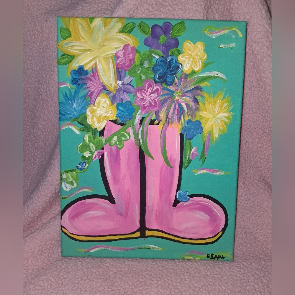 Original Colorful Floral Rain Boots Stretched Canvas Art 12x16